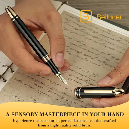 Vista 7 de BEILUNER 315 Pluma fuente negra – Impresionante pluma de lujo con acentos de oro de 24 quilates, hermosa punta dorada de 24 quilates (mediana)