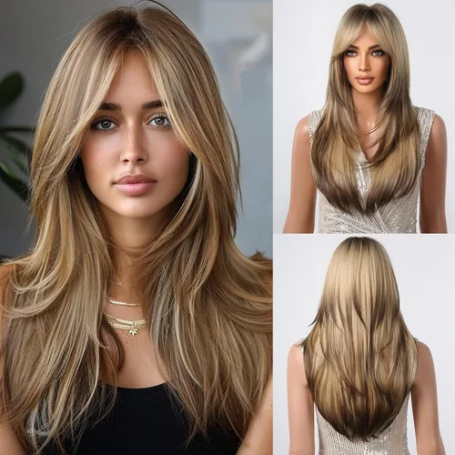 Vista 15 de Allbell Peluca rubia oscura para mujer, pelucas largas y rectas en capas con flequillo de cortina, peluca de cabello sintético de aspecto natural