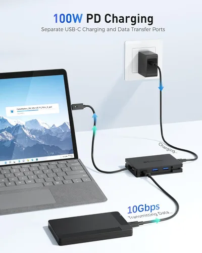 Vista 5 de Cable Matters Hub USB 4 portátil 8 en 1 de 40 Gbps (base USB 4) Dual DisplayPort 4K@60Hz, DP único 4K a 240 Hz/8K a 60 Hz, 100 W PD, Gigabit