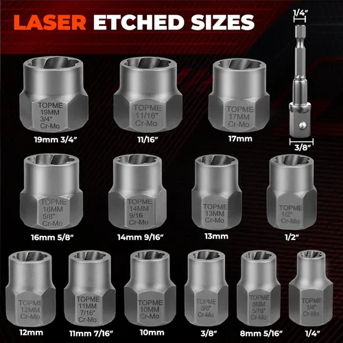 Vista 2 de Kit extractor de pernos, juego de 14 piezas de removedor de tuercas de acero CR-MO grado impacto, dado de 3/8" para remover pernos