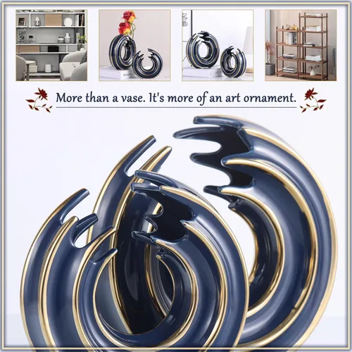 Vista 4 de Juego de 2 jarrones redondos de cerámica para decoración del hogar (línea dorada, azul dorado)