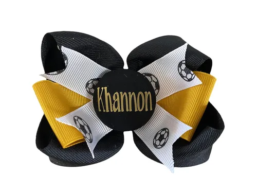 Vista 6 de Softball Glitter Hair Name Bow - Black and Gold, Match Team and School Spirit Wear