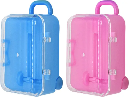 AUEAR, Paquete de 2 mini maletas de plástico para dulces, caja de viaje para decoración de fiesta de boda (rosa y azul)