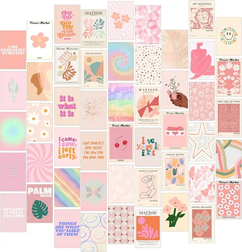 Fardes Decoración de habitación rosa, kit de collage de pared rosa de 50 piezas, imágenes estéticas, decoración de dormitorio para adolescentes y