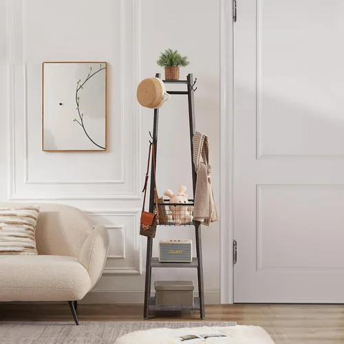 Vista 3 de VECELO Perchero independiente, árbol de pasillo con cesta de metal y estantes de almacenamiento, perchero industrial con 8 ganchos para colgar