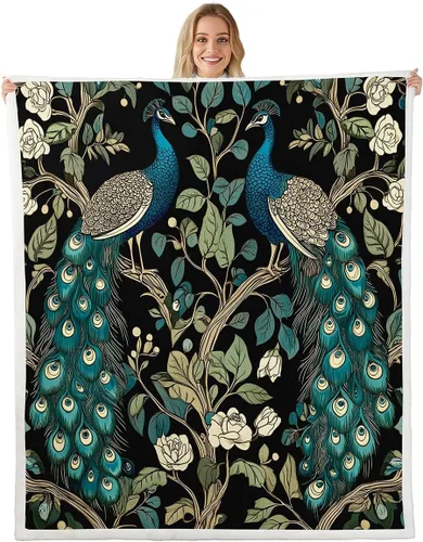 Peacock Throws Blanket,Watercolor Flowers Leaves Blanket for Girls Teens Adults,Wildlife Animal Fleece Blanket Room Decor,X Size (40 x 50 Inch)