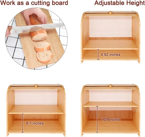 Vista 3 de Purbambo Panera de bambú para encimera de cocina, rollo de doble capa superior para pan, contenedor de almacenamiento de alimentos con estante