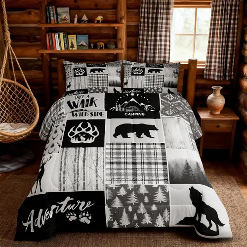 Vista 67 de Manfei Juego de Edredón de Siluetas de Animales con Astas de Ciervo Tamaño Full, Juego de Ropa de Cama de Camuflaje con Cuadros Geométricos de 3