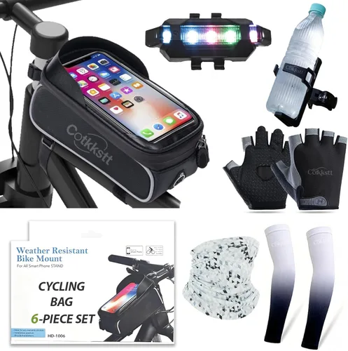 Juego de 6 accesorios de bicicleta para hombres y mujeres, bolsa de ciclismo, jaula de soporte para botella de agua, guantes y luz trasera