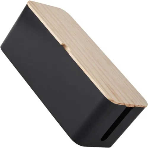 Veemoon Cable Storage Organizer Box with Natural Wood Lid, Medium Black Anti-electric Socket Storage Case for Charging Cables and Power Strips, Wire