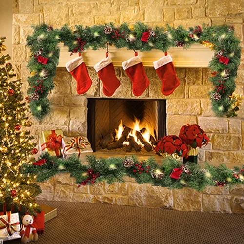 Vista 6 de MorTime Paquete de 2 guirnaldas LED de Navidad de 9 pies con piñas y bayas rojas, bolas de Navidad, guirnalda de Navidad multifunción con 50 luces