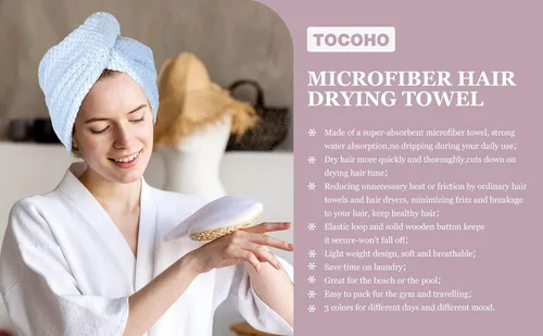 Vista 5 de Paquete de 3 toallas de microfibra para el cabello, toalla de secado de cabello con botón, turbante súper absorbente, toalla de secado rápido