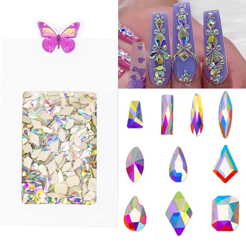 HNUIX Diamantes de imitación para uñas, 300 piezas de cristales AB, gemas de múltiples formas, diamantes de imitación de parte trasera plana, para
