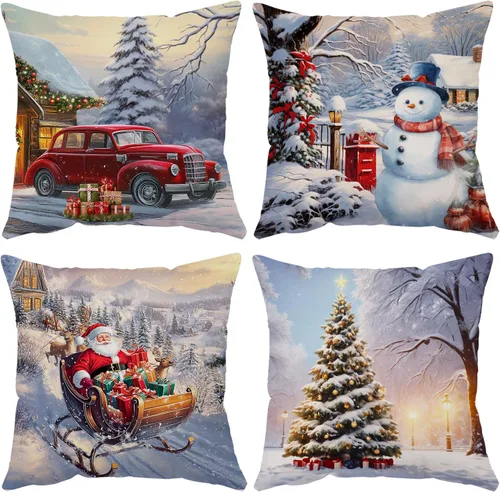 Vista 16 de Juego de 4 fundas de almohada de Navidad de 12 x 12 pulgadas, fundas de almohada de terciopelo de Navidad, fundas de almohada doradas y rojas