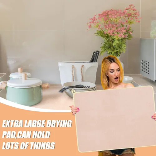 Vista 5 de Hushee Paquete de 2 tapetes extra grandes para secar platos, de microfibra, absorbentes, para secado de platos, tapetes escurridor de platos de gran