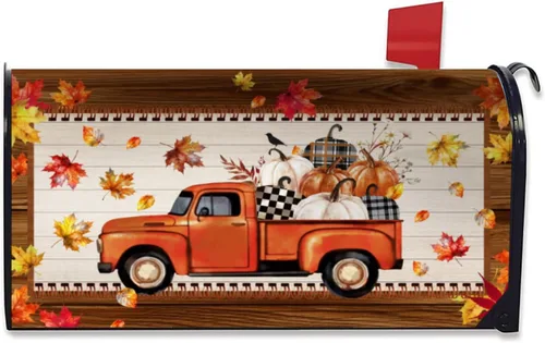 Funda magnética para buzón de otoño, camión, tamaño estándar de 18 x 21 pulgadas, diseño de calabazas de Acción de Gracias, cosecha, hojas de arce,