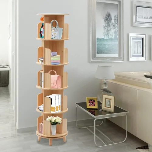 Vista 2 de Estantería giratoria de 360, estante apilable de madera maciza de 5 niveles, estante de almacenamiento de pie para sala de estar, estudio y oficina