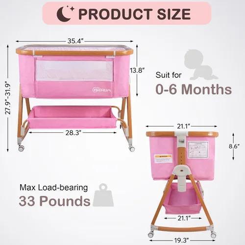 Vista 3 de BIERUM Moisés, cuna 4 en 1, moisés de noche para bebé, cuna de 6 alturas ajustables con ruedas y mosquiteras, bolsa de almacenamiento grande