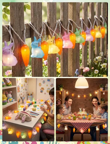 Vista 4 de Abeja Guirnalda de luces multicolor de conejo y zanahoria, 8.5 pies, luz LED de hadas de Pascua con 10 luces LED de zanahoria, luces de Pascua