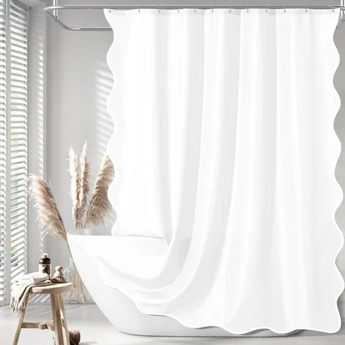 Vista 26 de ORTIGIA - Cortina de ducha beige con borde festoneado marrón, cortina de ducha pequeña de estilo rústico y neutral, estética boho, tela impermeable