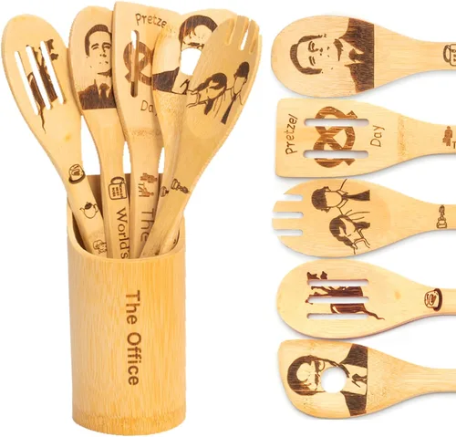 The Office - Juego de cucharas de madera, regalos de mercancía de programa de televisión para fanáticos, 6 utensilios de cocina con soporte, oficina