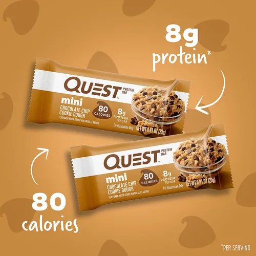 Vista 4 de Quest Nutrition Mini barras de proteína de masa de galletas con chispas de chocolate, 0.28 oz de proteína, 0.04 oz de azúcar, 0.07 oz