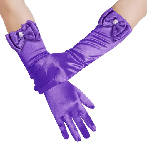 Vista 6 de Guantes de princesa para niñas, color blanco, largos, de satén, con lazo, para cumpleaños, boda, fiesta de disfraces
