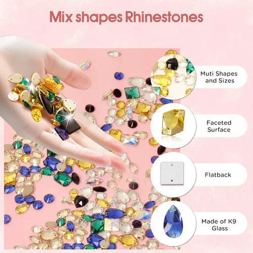 Vista 4 de 70 diamantes de imitación negros para coser, formas mixtas, parte trasera plana, diamantes de imitación de cristal K9 para coser, gemas de cristal