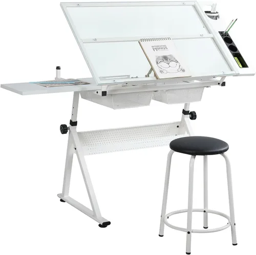 Vista 9 de Mesa de dibujo con taburete, moderno escritorio de impresión de vidrio templado ajustable negro para estudio de arte, hogar, oficina, escuela