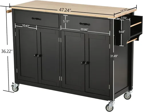 Vista 65 de LUMISOL Carrito de isla de cocina con ruedas de bloqueo con 2 cajones y 4 gabinetes, isla de cocina rodante con estantes ajustables, mesa de madera