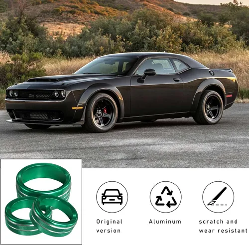 Vista 4 de 3 piezas de cubierta de botón de interruptor de aire acondicionado, anillos de ajuste de calcomanía de aluminio compatibles con Dodge Challenger