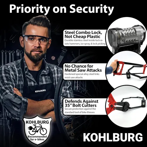 Vista 4 de KOHLBURG Cerradura plegable para bicicleta [43 pulgadas] a prueba de cortador de pernos con código de combinación de 4 dígitos y soporte, bloqueo