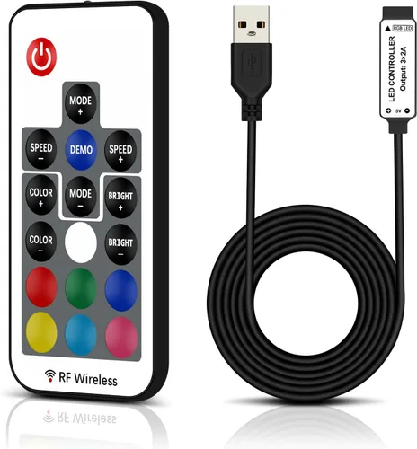 RGBZONE Controlador LED USB RGB de 5 V CC, control remoto inalámbrico RF de 17 teclas, controlador de tira de luces LED de 4 pines, 5050 3528 2835