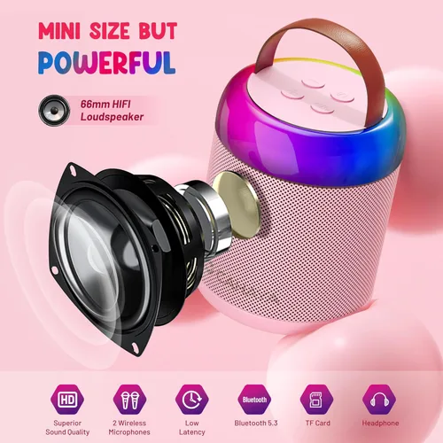 Vista 6 de CAHAYA Máquina de karaoke para regalos para niños: Mini máquina Bluetooth con 2 micrófonos inalámbricos Altavoz portátil de karaoke con luces LED