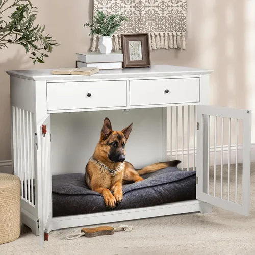 LEMBERI Mueble de jaula para perros grande de 44 pulgadas con cajones de almacenamiento, mueble de perrera de madera para perros como mesa auxiliar,