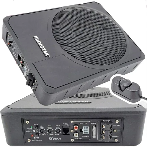 Audiotek Subwoofer delgado de 10 pulgadas para debajo del asiento, pico de 1000 W, 500 W RMS, amplificador integrado, 11-15 V CC, carcasa compacta