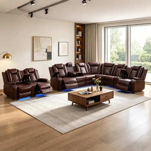 Vista 15 de Juego de sofá seccional reclinable eléctrico, juegos de muebles de sala de estar, sofá seccional de cuero transpirable y sofá biplaza con 4