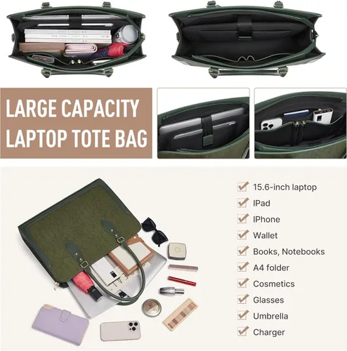 Vista 4 de Bolsa para laptop para mujer, bolsa de trabajo de 15.6 pulgadas para mujer, bolsa de cuero para computadora, impermeable, maletín profesional, bolsa