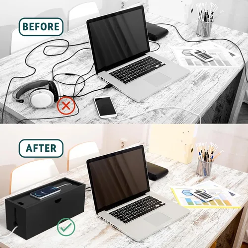 Vista 4 de Caja de organización de cables de bambú, caja organizadora de cables grande para ocultar cables y tiras de alimentación para almacenamiento
