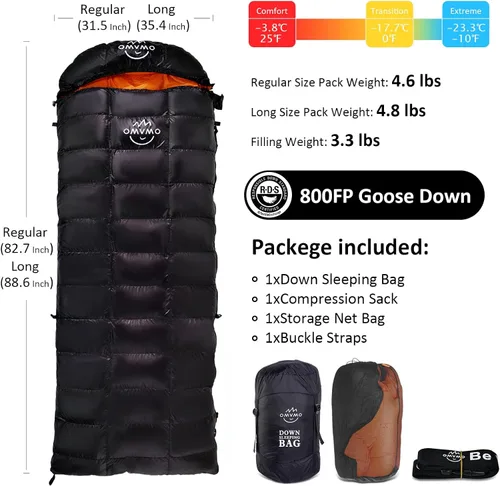 Vista 2 de 10°F 0°F 10°F 15°F Down Sleeping Bag for Adults,800/650 Fill Power,Ultralight Wearable 4 Season Cold Weather Rectangle Sleeping Bag for Camping