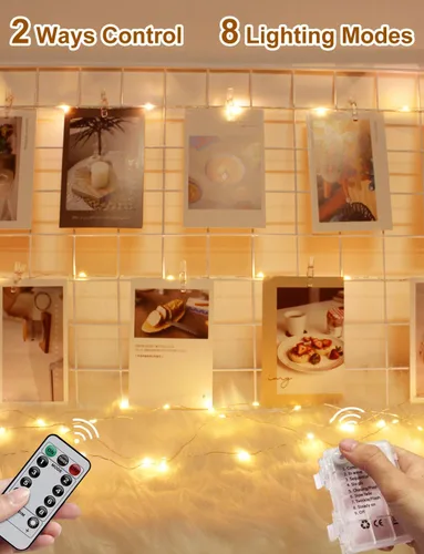 Vista 3 de Cadena de luces con clip para fotos con control remoto, 33 pies, 100 luces LED a pilas, luces estrelladas de alambre de cobre impermeables con 50
