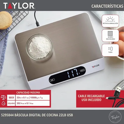Vista 3 de Taylor Báscula digital recargable por USB para cocina y alimentos, capacidad de 11 libras con bandeja apta para lavavajillas, cable incluido