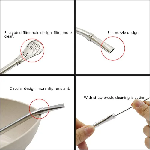 Vista 3 de N A Pajitas con cuchara de filtro, paquete de 2 pajitas de té, Mate Bombilla, barra agitadora de café para té helado, cóctel, con 2 cepillos