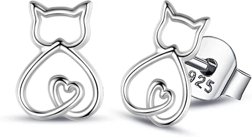 Vista 13 de INFUSEU Pendientes de tuerca de plata de ley con diseños de gato, rana, hongo y conejo, pequeños regalos para mujeres y adolescentes amantes