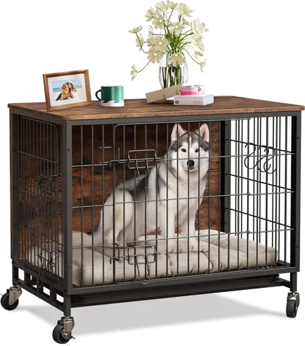 Muebles de jaula para perros, jaula de madera para perros de 38.6 pulgadas con puertas dobles, muebles para perros, mesa auxiliar grande para perros