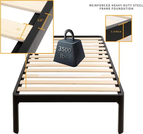 Vista 24 de MAF Marco de cama de metal Queen de 18 pulgadas con patas redondas anticolisión, marco de cama negro resistente de 3500 libras con listones