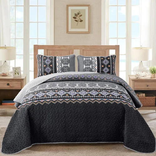 Vista 8 de WONGS BEDDING Juego de edredón bohemio de color beige, tamaño Queen, juego de colcha con estampado geométrico con 2 fundas de almohada, juego