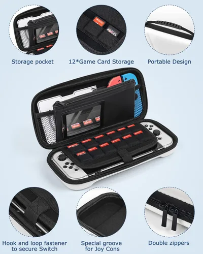 Vista 2 de Funda de transporte para Nintendo Switch OLED modelo, funda de viaje impermeable con funda protectora acoplable, soporte de soporte, protector