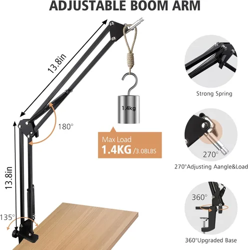 Vista 2 de SUNMON Brazo de Boom - Brazo de Boom de Micrófono de Tijeras de Metal con Adaptador de 3/8'' a 5/8'', Soporte de Micrófono K688 con Funda para Cable