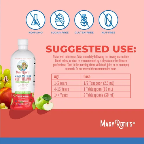 Vista 3 de MaryRuth Organics Liquid Morning Multivitamin Essentials+ Vitamina A C D E B6 B12 Biotina Zinc, para hombre y mujer, multivitamínico, apoyo